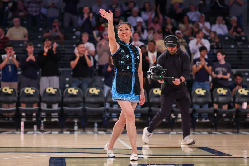 Feb 28, 2026; Atlanta, Georgia, USA; Performer Red Panda performs at halftime during a game between the Florida State Seminoles and Georgia Tech Yellow Jackets at McCamish Pavilion. Mandatory Credit: Brett Davis-Imagn Images