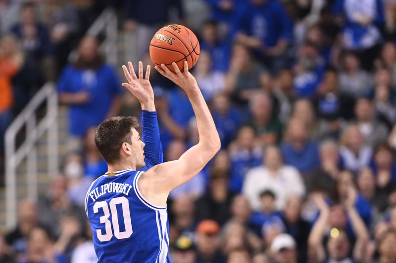 Mar 11, 2023; Greensboro, NC, USA; Duke Blue Devils center Kyle Filipowski (30) shoots in the second half of the Championship game of the ACC Tournament at Greensboro Coliseum. Mandatory Credit: Bob Donnan-USA TODAY Sports