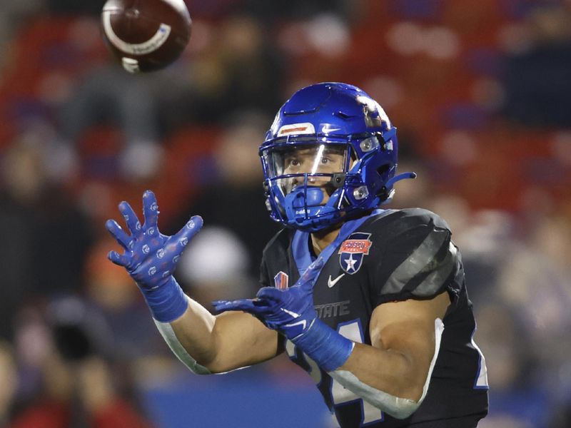 Dec 17, 2022; Frisco, Texas, USA;  Boise State Broncos running back George Holani (24) catches a pass against the North Texas Mean Green in the first half at Toyota Stadium. Mandatory Credit: Tim Heitman-USA TODAY Sports