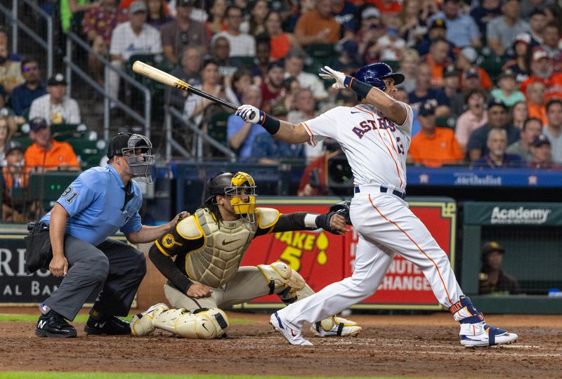 Sep 9, 2023; Houston, Texas, USA; Houston Astros left fielder Michael Brantley (23) hits a single against the San Diego Padres in the fourth inning at Minute Maid Park. Mandatory Credit: Thomas Shea-USA TODAY Sports