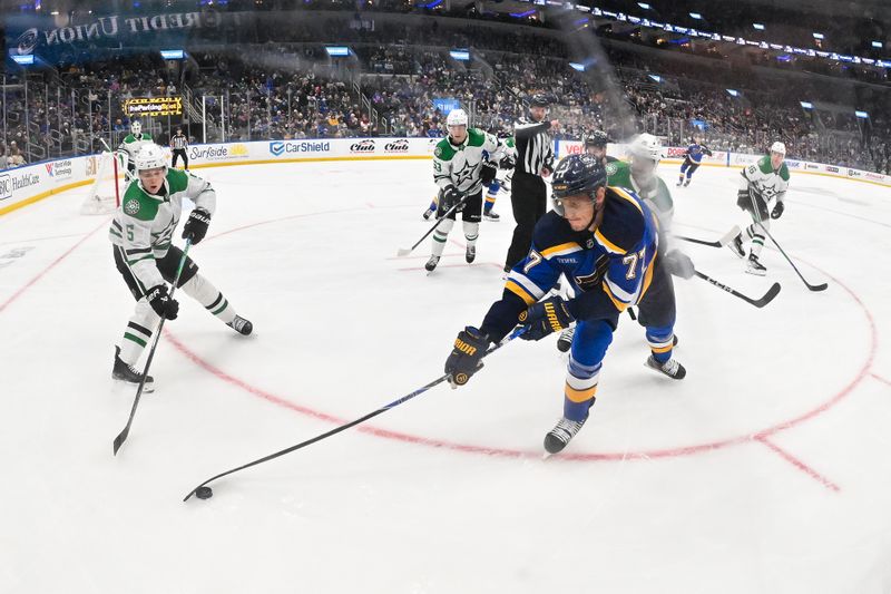 Jan 27, 2026; St. Louis, Missouri, USA; St. Louis Blues center Nick Bjugstad (77) controls the puck as Dallas Stars defenseman Nils Lundkvist (5) defends during the second period at Enterprise Center. Mandatory Credit: Jeff Curry-Imagn Images