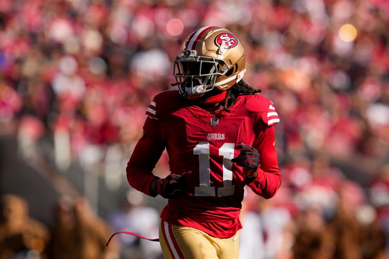 San Francisco 49ers wide receiver Brandon Aiyuk plays during the first half of an NFL football game against the Tampa Bay Buccaneers on Sunday, Nov. 19, 2023, in Santa Clara, Calif. (AP Photo/Godofredo A. Vásquez)