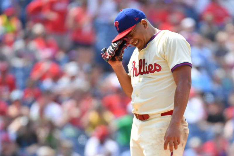 Jun 30, 2024; Philadelphia, Pennsylvania, USA; Philadelphia Phillies pitcher Ranger Suárez (55) reacts after before pulled from the game against the Miami Marlins during the fifth inning at Citizens Bank Park. Mandatory Credit: Eric Hartline-USA TODAY Sports
