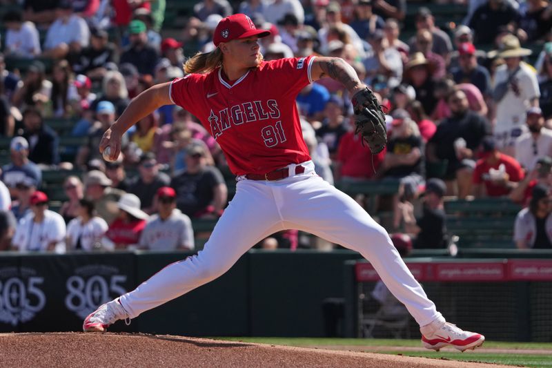 Mar 3, 2024; Tempe, Arizona, USA; Los Angeles Angels pitcher Caden Dana (91) pitches against the Chicago White Sox during the first inning at Tempe Diablo Stadium. Mandatory Credit: Joe Camporeale-USA TODAY Sports