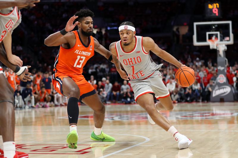 Jan 30, 2024; Columbus, Ohio, USA; Ohio State Buckeyes guard Roddy Gayle Jr. (1) dribbles the ball past Illinois Fighting Illini forward Quincy Guerrier (13) during the second half at Value City Arena. Mandatory Credit: Joseph Maiorana-USA TODAY Sports