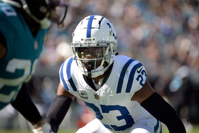 FILE -Indianapolis Colts cornerback Kenny Moore II (23) follows a play during the second half of an NFL football game against the Jacksonville Jaguars, Sunday, Oct. 15, 2023, in Jacksonville, Fla. The Indianapolis Colts and cornerback Kenny Moore II have agreed to a three-year deal worth $30 million, a person with knowledge of the deal told The Associated Press on Tuesday, March 12, 2024. (AP Photo/Phelan M. Ebenhack, File)