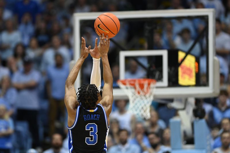 Mar 4, 2023; Chapel Hill, North Carolina, USA;  Duke Blue Devils guard Jeremy Roach (3) shoots in the second half at Dean E. Smith Center. Mandatory Credit: Bob Donnan-USA TODAY Sports