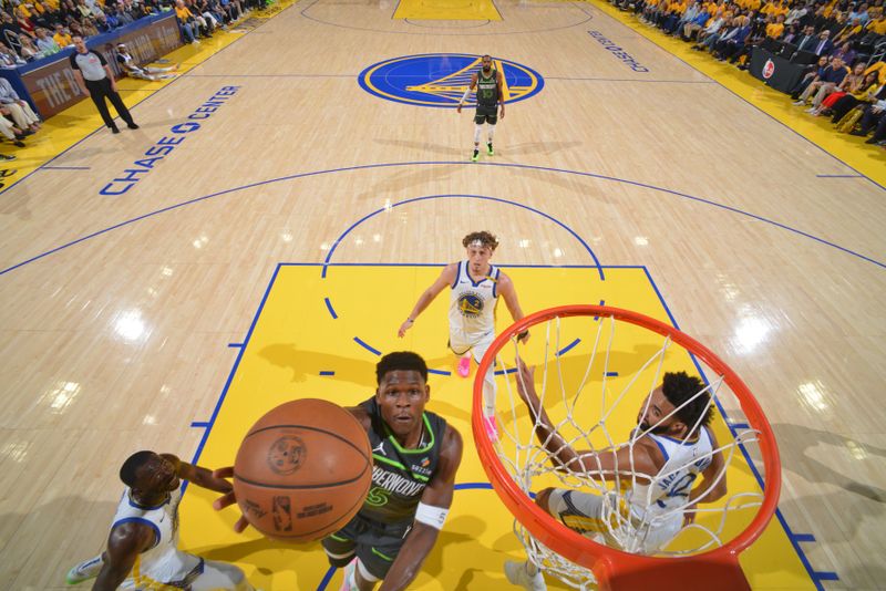 SAN FRANCISCO, CA - MAY 10:  Anthony Edwards #5 of the Minnesota Timberwolves drives to the basket during the game against the Golden State Warriors during Round 2 Game 3 on May 10, 2025 at Chase Center in San Francisco, California. NOTE TO USER: User expressly acknowledges and agrees that, by downloading and or using this photograph, user is consenting to the terms and conditions of Getty Images License Agreement. Mandatory Copyright Notice: Copyright 2025 NBAE (Photo by Jesse D. Garrabrant/NBAE via Getty Images)
