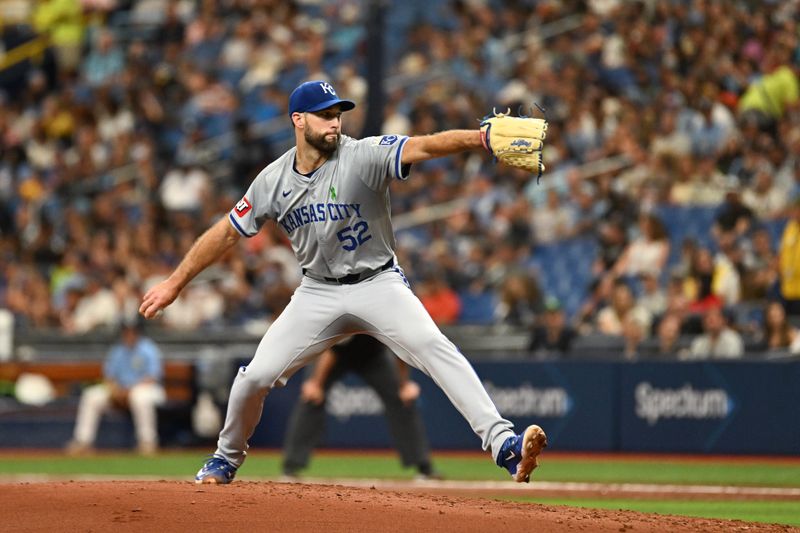 May 26, 2024; St. Petersburg, Florida, USA; Kansas City Royals starting pitcher Michael Wacha (52) throws a pitch in the second inning against the Tampa Bay Rays at Tropicana Field. Mandatory Credit: Jonathan Dyer-USA TODAY Sports