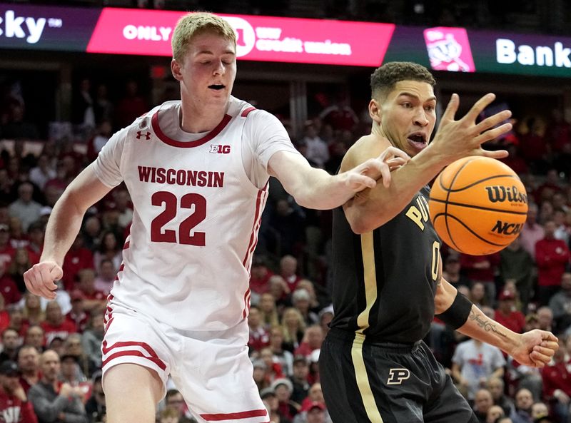 Mar. 2, 2023; Milwaukee, Wisconsin, USA; Wisconsin Badgers forward Steven Crowl (22) and Purdue Boilermakers forward Mason Gillis (0) battle for a rebound during the second half of their game at Kohl Center. Mandatory Credit: Mark Hoffman-USA TODAY Sports