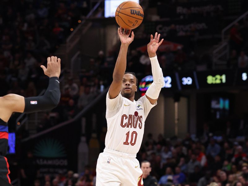 CLEVELAND, OH - JANUARY 27: Darius Garland #10 of the Cleveland Cavaliers three point basket during the game against the Detroit Pistons on January 27, 2025 at Rocket Mortgage FieldHouse in Cleveland, Ohio. NOTE TO USER: User expressly acknowledges and agrees that, by downloading and/or using this Photograph, user is consenting to the terms and conditions of the Getty Images License Agreement. Mandatory Copyright Notice: Copyright 2025 NBAE (Photo by  Lauren Leigh Bacho/NBAE via Getty Images)