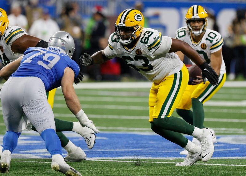 Green Bay Packers offensive tackle Rasheed Walker (63) during the second half of an NFL football game against the Detroit Lions Sunday, Nov. 23, 2023, in Detroit. (AP Photo/Duane Burleson)