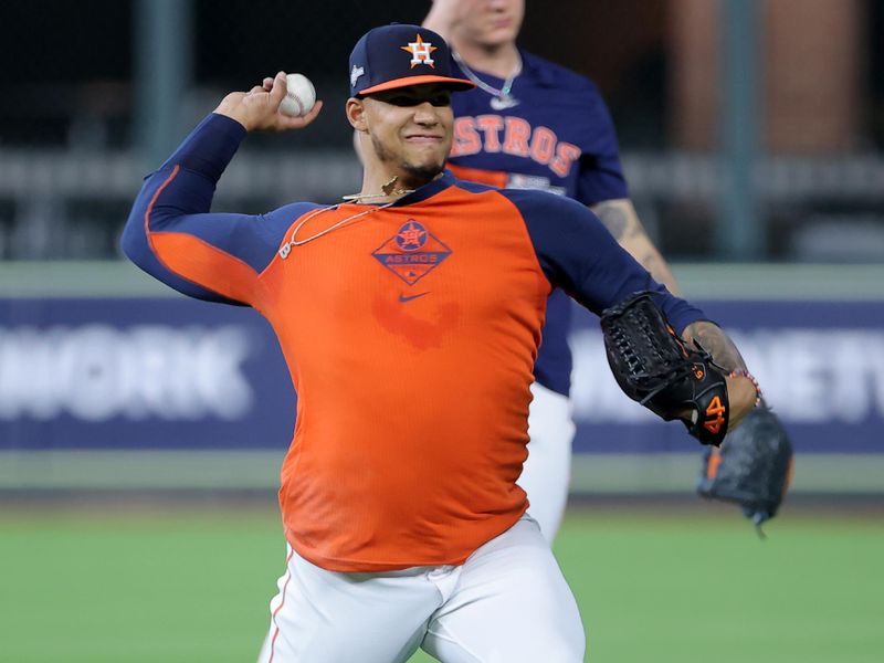 Oct 15, 2023; Houston, Texas, USA; Houston Astros pitcher Bryan Abreu (52) before game one of the ALCS for the 2023 MLB playoffs at Minute Maid Park. Mandatory Credit: Erik Williams-USA TODAY Sports