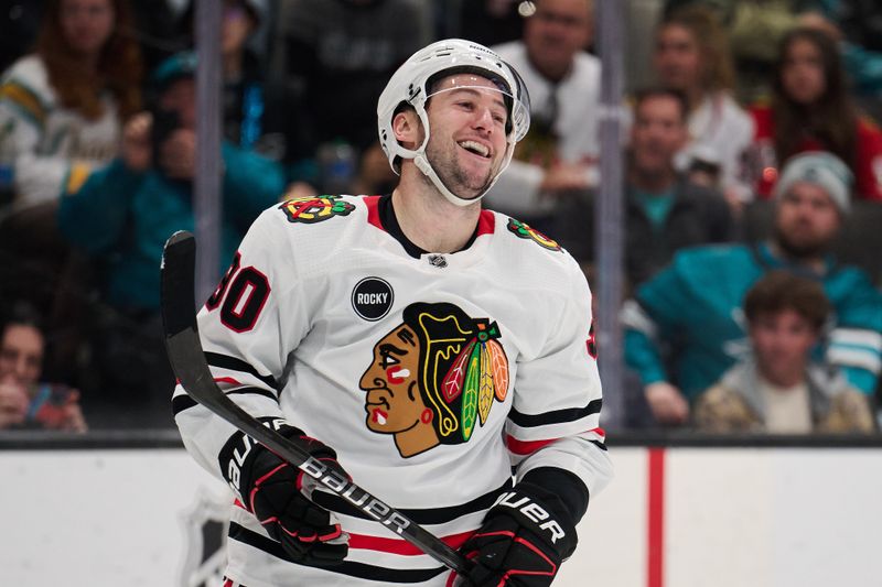 Mar 23, 2024; San Jose, California, USA; Chicago Blackhawks center Tyler Johnson (90) reacts during the first period against the San Jose Sharks at SAP Center at San Jose. Mandatory Credit: Robert Edwards-USA TODAY Sports