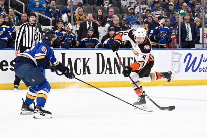 Mar 17, 2024; St. Louis, Missouri, USA; Anaheim Ducks left wing Pavol Regenda (40) takes a shot against the St. Louis Blues during the first period at Enterprise Center. Mandatory Credit: Jeff Le-USA TODAY Sports