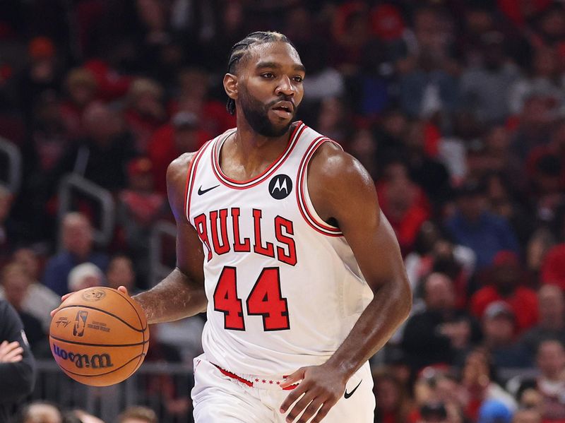 CHICAGO, ILLINOIS - OCTOBER 25: Patrick Williams #44 of the Chicago Bulls dribbles against the Oklahoma City Thunder during the second half at the United Center on October 25, 2023 in Chicago, Illinois. NOTE TO USER: User expressly acknowledges and agrees that, by downloading and or using this photograph, User is consenting to the terms and conditions of the Getty Images License Agreement. (Photo by Michael Reaves/Getty Images)