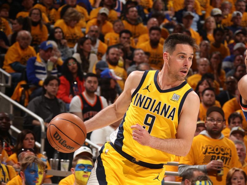 INDIANAPOLIS, IN - MAY 25:  T.J. McConnell #9 of the Indiana Pacers dribbles the ball during the game against the New York Knicks   during Game 3 of the 2025 Eastern Conference Finals on May 25, 2025 at Gainbridge Fieldhouse in Indianapolis, Indiana. NOTE TO USER: User expressly acknowledges and agrees that, by downloading and or using this Photograph, user is consenting to the terms and conditions of the Getty Images License Agreement. Mandatory Copyright Notice: Copyright 2025 NBAE (Photo by Nathaniel S. Butler/NBAE via Getty Images)