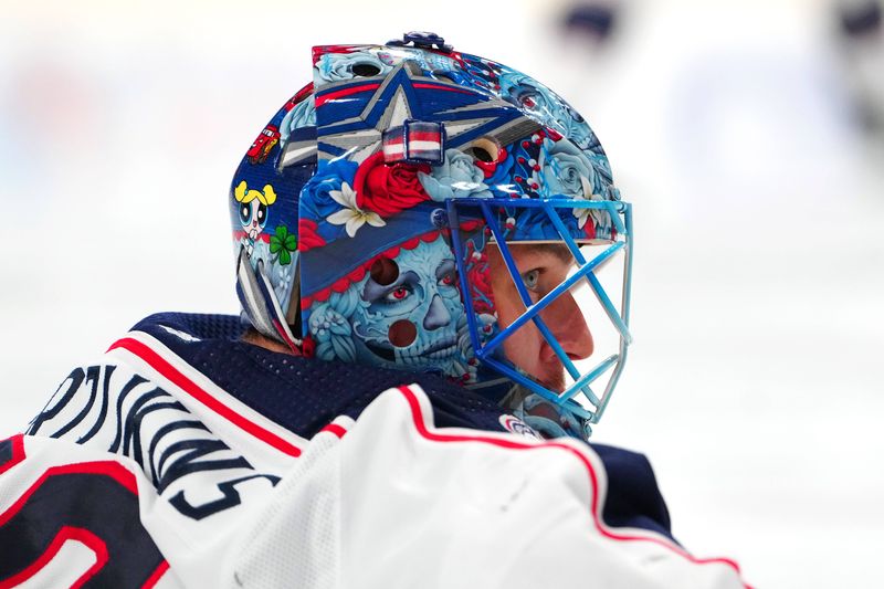 Mar 23, 2024; Las Vegas, Nevada, USA; Columbus Blue Jackets goaltender Elvis Merzlikins (90) warms up before a game against the Vegas Golden Knights at T-Mobile Arena. Mandatory Credit: Stephen R. Sylvanie-USA TODAY Sports