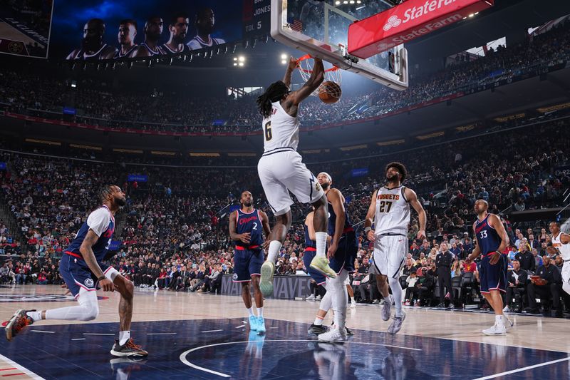 DENVER, CO - APRIL 26: DeAndre Jordan #6 of the Denver Nuggets dunks the ball during the game against the LA Clippers during Round One Game Four of the 2025 NBA Playoffs on April 26, 2025 at Ball Arena in Denver, Colorado. NOTE TO USER: User expressly acknowledges and agrees that, by downloading and/or using this Photograph, user is consenting to the terms and conditions of the Getty Images License Agreement. Mandatory Copyright Notice: Copyright 2025 NBAE (Photo by Garrett Ellwood/NBAE via Getty Images)