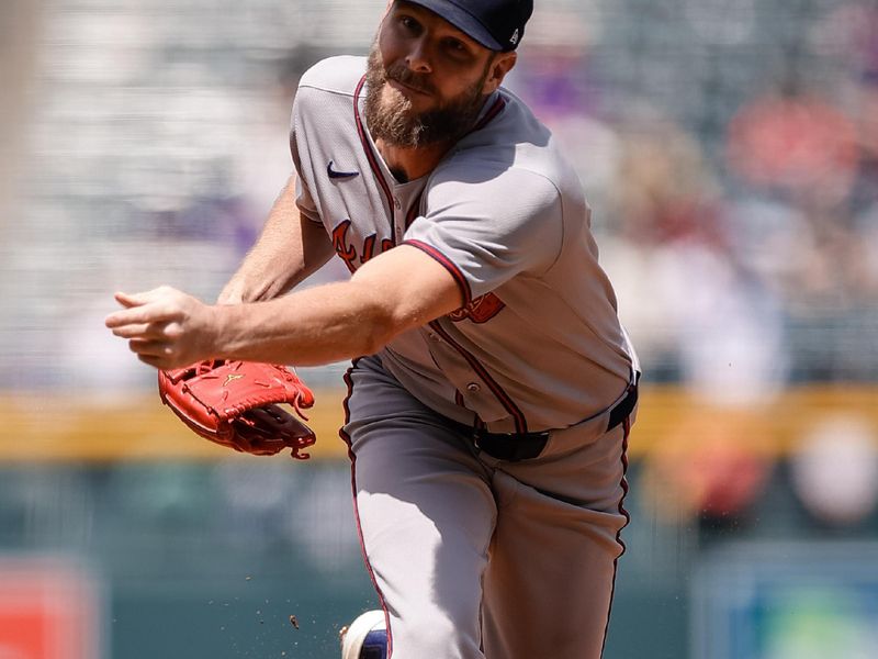 Apr 30, 2025; Denver, Colorado, USA; Atlanta Braves starting pitcher Chris Sale (51) pitches in the first inning against the Colorado Rockies at Coors Field. Mandatory Credit: Isaiah J. Downing-Imagn Images