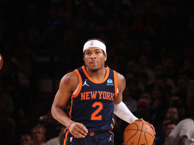 NEW YORK, NY - MARCH 12:  Miles McBride #2 of the New York Knicks handles the ball during the game against the Philadelphia 76ers on March 12, 2024 at Madison Square Garden in New York City, New York.  NOTE TO USER: User expressly acknowledges and agrees that, by downloading and or using this photograph, User is consenting to the terms and conditions of the Getty Images License Agreement. Mandatory Copyright Notice: Copyright 2024 NBAE  (Photo by Nathaniel S. Butler/NBAE via Getty Images)