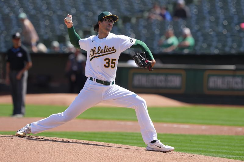Sep 17, 2023; Oakland, California, USA; Oakland Athletics starting pitcher Joe Boyle (35) throws a pitch against the San Diego Padres during the first inning at Oakland-Alameda County Coliseum. Mandatory Credit: Darren Yamashita-USA TODAY Sports