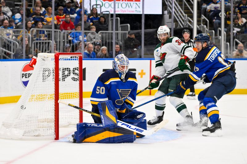 Nov 19, 2024; St. Louis, Missouri, USA;  St. Louis Blues goaltender Jordan Binnington (50) gives up a goal to Minnesota Wild defenseman Jonas Brodin (not pictured) during the third period at Enterprise Center. Mandatory Credit: Jeff Curry-Imagn Images