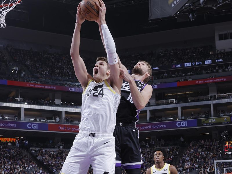 SACRAMENTO, CA - MARCH 31: Walker Kessler #24 of the Utah Jazz drives to the basket during the game against the Sacramento Kings on March 31, 2024 at Golden 1 Center in Sacramento, California. NOTE TO USER: User expressly acknowledges and agrees that, by downloading and or using this Photograph, user is consenting to the terms and conditions of the Getty Images License Agreement. Mandatory Copyright Notice: Copyright 2024 NBAE (Photo by Rocky Widner/NBAE via Getty Images)