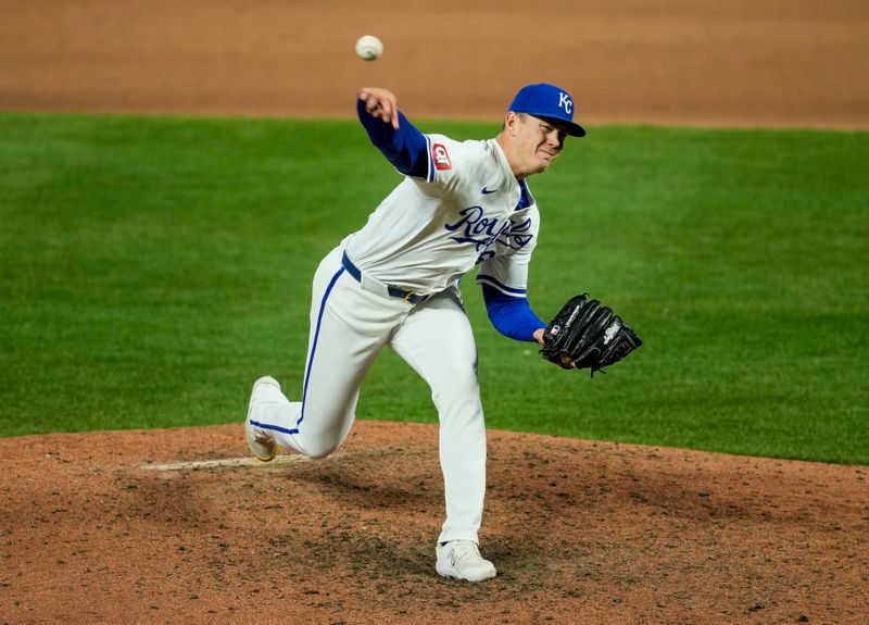 Apr 23, 2024; Kansas City, Missouri, USA; Kansas City Royals pitcher James McArthur (66) pitches during the eighth inning against the Toronto Blue Jays at Kauffman Stadium. Mandatory Credit: Jay Biggerstaff-USA TODAY Sports