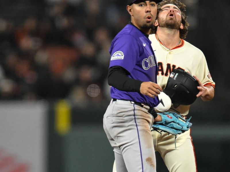 May 1, 2025; San Francisco, California, USA; Colorado Rockies shortstop Alan Trejo (31) tags out San Francisco Giants pinch runner Brett Wisely (0) while attempting to steal second base in the eighth inning at Oracle Park. Mandatory Credit: Eakin Howard-Imagn Images