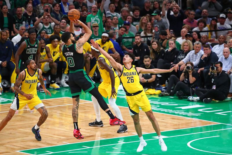 BOSTON, MA - MAY 23: Jayson Tatum #0 of the Boston Celtics shoots the ball during the game against the Indiana Pacers during Game 2 of the Eastern Conference Finals of the 2024 NBA Playoffs on May 23, 2024 at the TD Garden in Boston, Massachusetts. NOTE TO USER: User expressly acknowledges and agrees that, by downloading and or using this photograph, User is consenting to the terms and conditions of the Getty Images License Agreement. Mandatory Copyright Notice: Copyright 2024 NBAE  (Photo by David L. Nemec/NBAE via Getty Images)