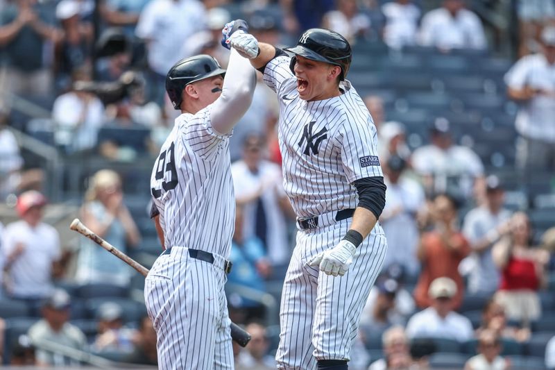 Jul 4, 2024; Bronx, New York, USA; New York Yankees first baseman Ben Rice (93) celebrates with designated hitter Aaron Judge (99) after hitting his first Major League home run in the fifth inning against the Cincinnati Reds at Yankee Stadium. Mandatory Credit: Wendell Cruz-USA TODAY Sports