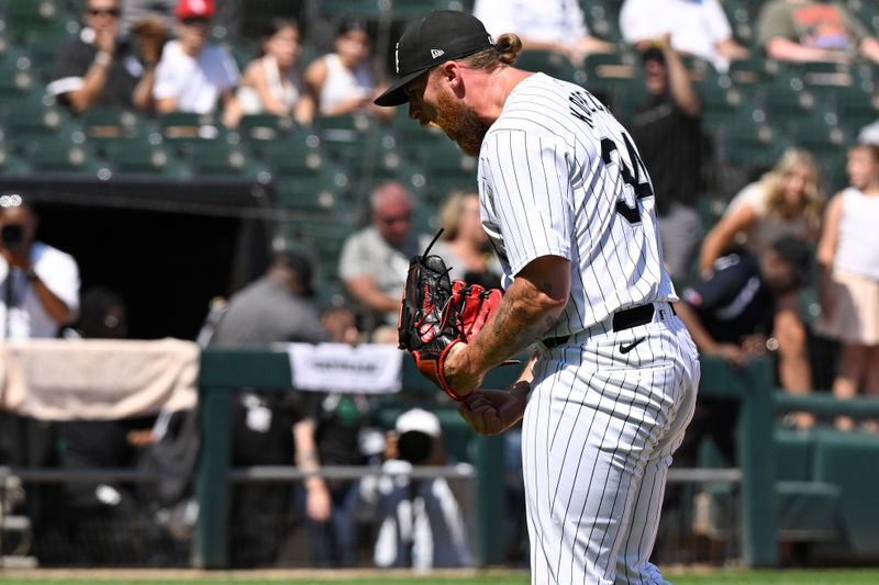 Jul 10, 2024; Chicago, Illinois, USA;  Chicago White Sox pitcher Michael Kopech (34) reacts after a game against the Minnesota Twins at Guaranteed Rate Field. Mandatory Credit: Matt Marton-USA TODAY Sports