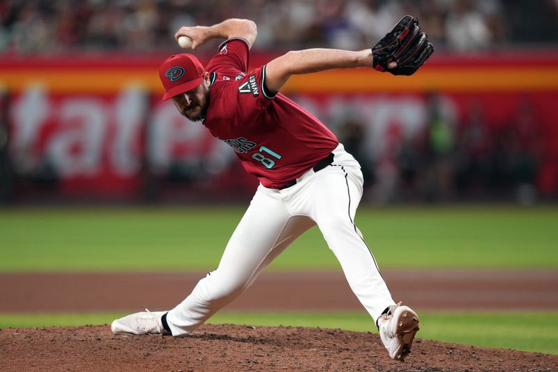 Sep 28, 2024; Phoenix, Arizona, USA; Arizona Diamondbacks pitcher Ryan Thompson (81) pitches against the San Diego Padres during the sixth inning at Chase Field. Mandatory Credit: Joe Camporeale-Imagn Images