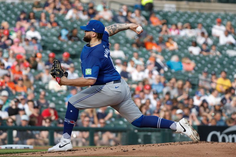 May 24, 2024; Detroit, Michigan, USA; Toronto Blue Jays pitcher Alek Manoah (6) pitches during the first inning of the game against the Detroit Tigers at Comerica Park. Mandatory Credit: Brian Bradshaw Sevald-USA TODAY Sports