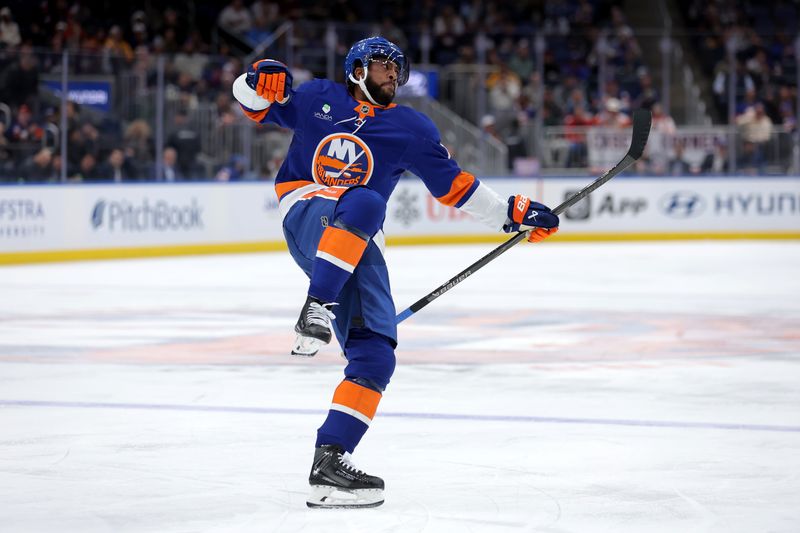 Nov 4, 2025; Elmont, New York, USA; New York Islanders left wing Anthony Duclair (11) celebrates his goal against the Boston Bruins during the second period at UBS Arena. Mandatory Credit: Brad Penner-Imagn Images