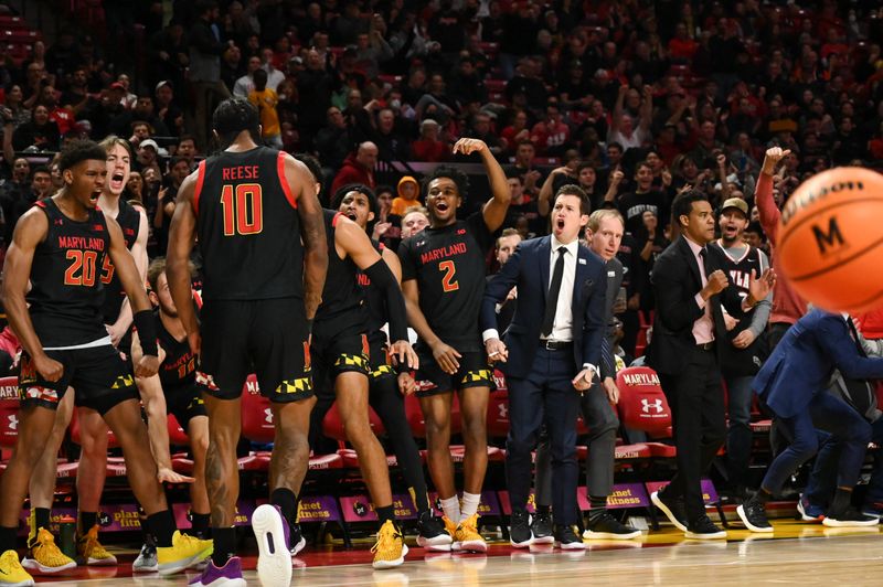 Jan 25, 2023; College Park, Maryland, USA;  Maryland Terrapins forward Julian Reese (10) celebrates with teammates after scoring during the second half against the Wisconsin Badgers at Xfinity Center. Mandatory Credit: Tommy Gilligan-USA TODAY Sports