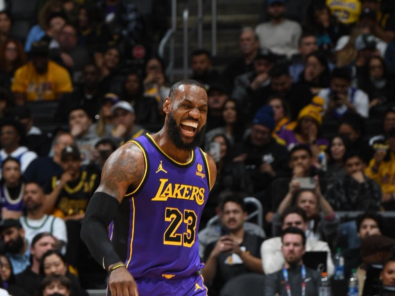 LOS ANGELES, CA - JANUARY 11: LeBron James #23 of the Los Angeles Lakers smiles during the game against the Phoenix Suns on January 11, 2024 at Crypto.Com Arena in Los Angeles, California. NOTE TO USER: User expressly acknowledges and agrees that, by downloading and/or using this Photograph, user is consenting to the terms and conditions of the Getty Images License Agreement. Mandatory Copyright Notice: Copyright 2024 NBAE (Photo by Andrew D. Bernstein/NBAE via Getty Images)