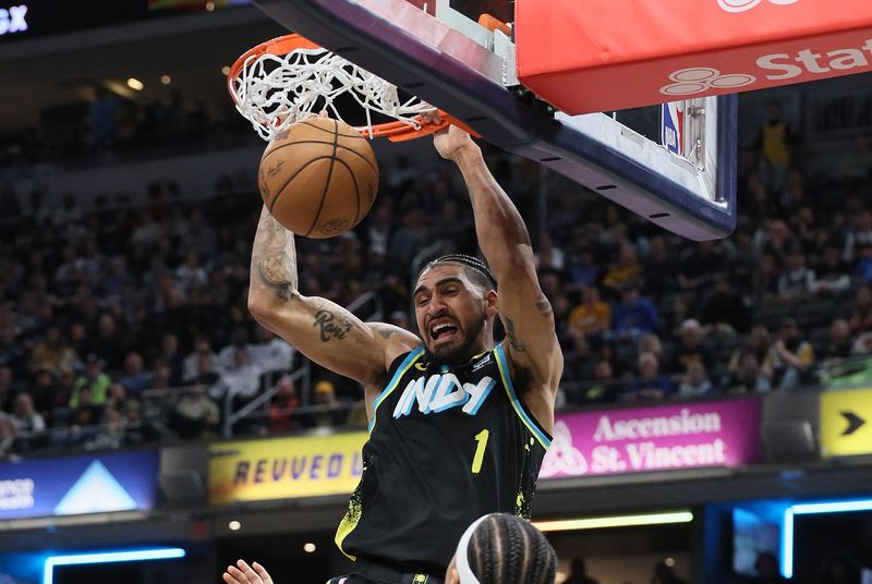 INDIANAPOLIS, INDIANA - APRIL 05: Obi Toppin #1 of the Indiana Pacers dunks the ball against the Oklahoma City Thunder in the second half at Gainbridge Fieldhouse on April 05, 2024 in Indianapolis, Indiana.    NOTE TO USER: User expressly acknowledges and agrees that, by downloading and or using this photograph, User is consenting to the terms and conditions of the Getty Images License Agreement.  (Photo by Andy Lyons/Getty Images)