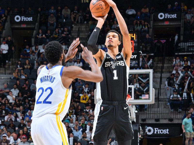 SAN ANTONIO, TX - MARCH 11:  Victor Wembanyama #1 of the San Antonio Spurs shoots a three point basket during the game against the Golden State Warriors on March 11, 2024 at the Frost Bank Center in San Antonio, Texas. NOTE TO USER: User expressly acknowledges and agrees that, by downloading and or using this photograph, user is consenting to the terms and conditions of the Getty Images License Agreement. Mandatory Copyright Notice: Copyright 2024 NBAE (Photos by Michael Gonzales/NBAE via Getty Images)