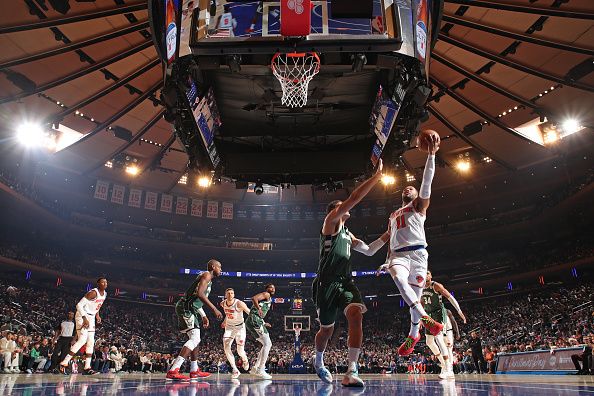 NEW YORK, NY - DECEMBER 25: Jalen Brunson #11 of the New York Knicks drives to the basket during the game against the Milwaukee Bucks on December 25, 2023 at Madison Square Garden in New York City, New York.  NOTE TO USER: User expressly acknowledges and agrees that, by downloading and or using this photograph, User is consenting to the terms and conditions of the Getty Images License Agreement. Mandatory Copyright Notice: Copyright 2023 NBAE  (Photo by Nathaniel S. Butler/NBAE via Getty Images)