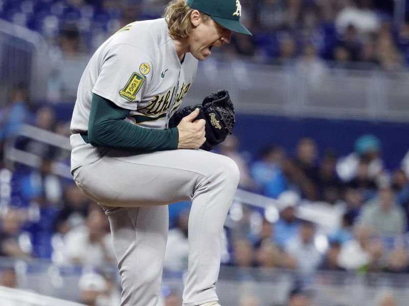 May 4, 2025; Miami, Florida, USA;  Oakland Athletics pitcher Tyler Ferguson (44) reacts against the Miami Marlins following the ninth inning at loanDepot Park. Mandatory Credit: Rhona Wise-Imagn Images