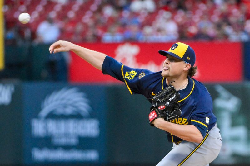 Apr 25, 2025; St. Louis, Missouri, USA;  Milwaukee Brewers starting pitcher Chad Patrick (39) pitches against the St. Louis Cardinals during the first inning at Busch Stadium. Mandatory Credit: Jeff Curry-Imagn Images