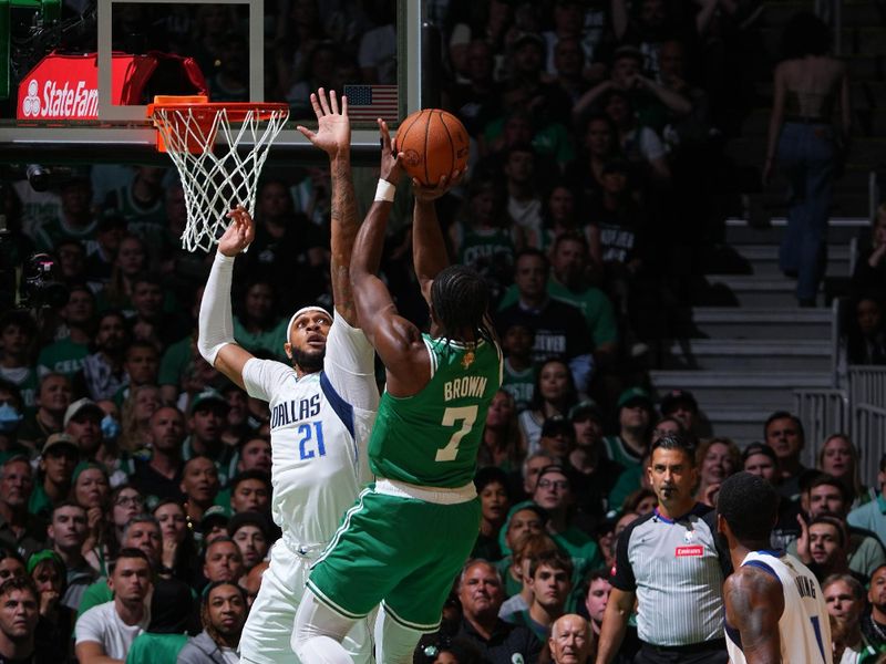 BOSTON, MA - JUNE 17: Jaylen Brown #7 of the Boston Celtics shoots the ball during the game against the Dallas Mavericks during Game 5 of the 2024 NBA Finals on June 17, 2024 at the TD Garden in Boston, Massachusetts. NOTE TO USER: User expressly acknowledges and agrees that, by downloading and or using this photograph, User is consenting to the terms and conditions of the Getty Images License Agreement. Mandatory Copyright Notice: Copyright 2024 NBAE  (Photo by Garrett Ellwood/NBAE via Getty Images)