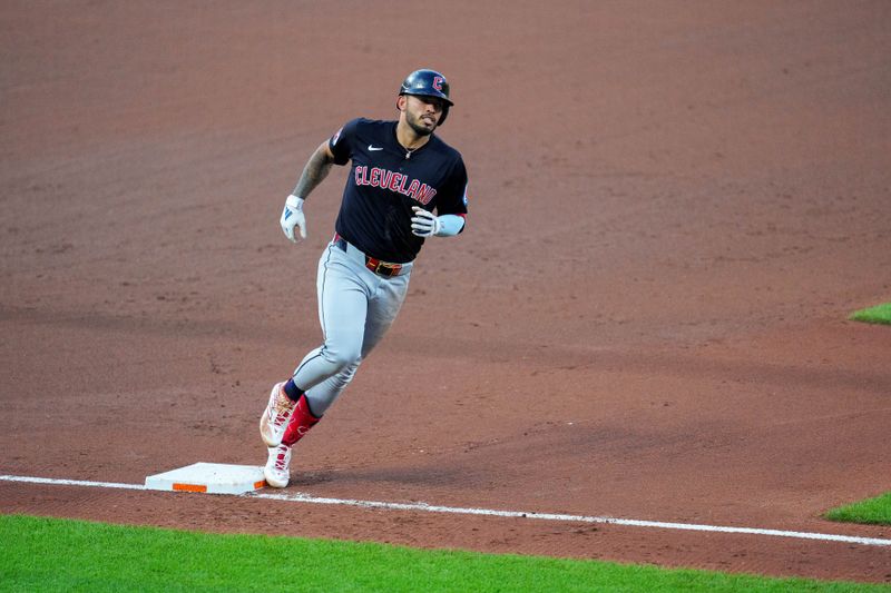 Jun 26, 2024; Baltimore, Maryland, USA; Cleveland Guardians third base Gabriel Arias (13) rounds third base after hitting a home run during the third inning against the Baltimore Orioles at Oriole Park at Camden Yards. Mandatory Credit: Reggie Hildred-USA TODAY Sports