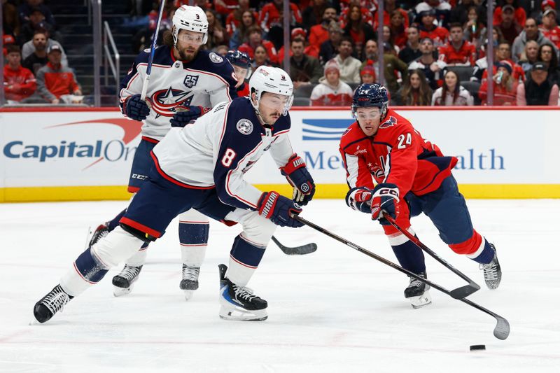 Nov 24, 2025; Washington, District of Columbia, USA; Columbus Blue Jackets defenseman Zach Werenski (8) and Washington Capitals center Connor McMichael (24) battle for the puck during the first period at Capital One Arena. Mandatory Credit: Geoff Burke-Imagn Images