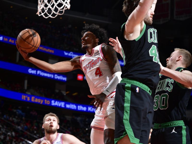 HOUSTON, TX - JANUARY 21: Jalen Green #4 of the Houston Rockets drives to the basket during the game against the Boston Celtics on January 21, 2024 at the Toyota Center in Houston, Texas. NOTE TO USER: User expressly acknowledges and agrees that, by downloading and or using this photograph, User is consenting to the terms and conditions of the Getty Images License Agreement. Mandatory Copyright Notice: Copyright 2024 NBAE (Photo by Logan Riely/NBAE via Getty Images)