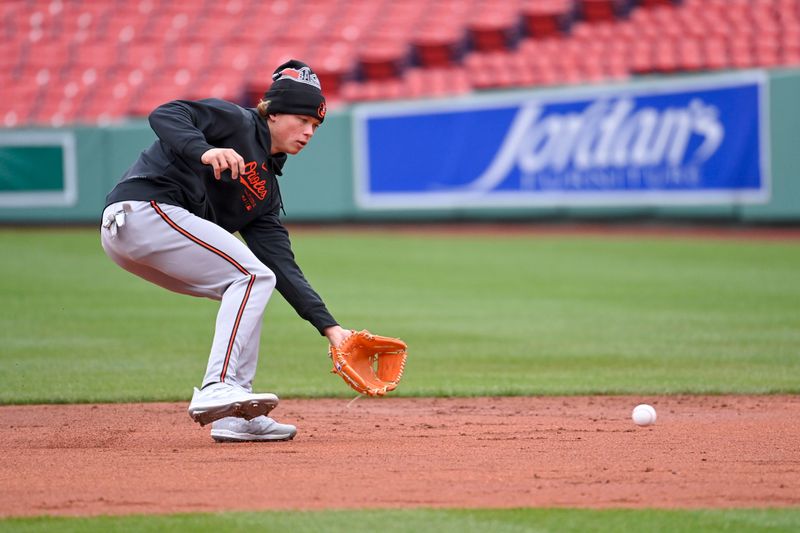 Apr 11, 20024; Boston, Massachusetts, USA; Baltimore Orioles second baseman Jackson Holiday (7) warms up before a game against the Boston Red Sox at Fenway Park. Mandatory Credit: Eric Canha-USA TODAY Sports