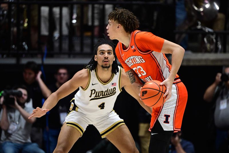 Jan 5, 2024; West Lafayette, Indiana, USA; Purdue Boilermakers forward Trey Kaufman-Renn (4) looks up at Illinois Fighting Illini forward Coleman Hawkins (33) during the second half at Mackey Arena. Mandatory Credit: Marc Lebryk-USA TODAY Sports