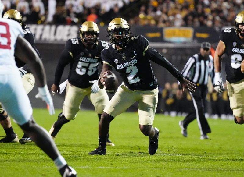 Oct 13, 2023; Boulder, Colorado, USA; Colorado Buffaloes quarterback Shedeur Sanders (2) scrambles with the ball in the first quarter against the Stanford Cardinal at Folsom Field. Mandatory Credit: Ron Chenoy-USA TODAY Sports